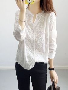 White Embroidered Pure Cotton Shirt Womens Spring Summer Thin Short Sleeve Loose Slimming V-neck Simple Long Sleeve Top