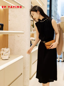 EP YAYING Blue Label Series Slight Wrinkle Texture Little Black Dress Acetate Dress 2025 New Style 4127A French Style Ruffle Collar Loose Waist
