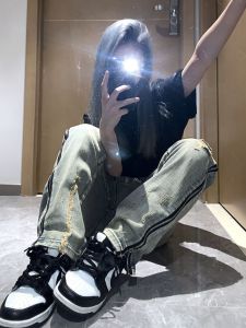 Retro Ripped เดนิม กางเกงยีนส์ สูง เอว ขาตรง ผู้ชายสูง สตรีทสไตล์ ซิป แถบปิด เดนิม ยาว กางเกงขายาว สําหรับ ฤดูใบไม้ผลิ และฤดูใบไม้ร่วง