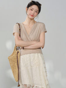 V-Neck Waist-Tightening Fitted Slimming French Style T-shirt