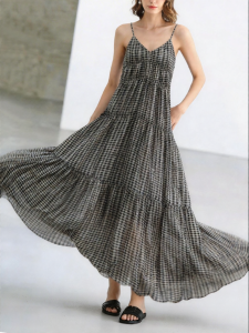 COCOBELLA | Vacation Style Plaid V-Neck A-Line Dress
