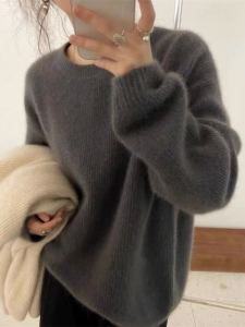 Áo Len Dệt Kim Màu Trơn Cổ Tròn Dáng Rộng Cho Nữ Áo Khoác Ngoài Mùa Thu Đông Mới Về Áo Sơ Mi Cơ Bản Bằng Lông Cừu Màu Trơn