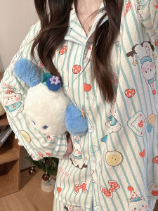 ชุดนอนผู้หญิงแขนยาวลายทางน่ารักสำหรับกลางแจ้ง ชุดอยู่บ้านฤดูใบไม้ผลิและฤดูใบไม้ร่วง ชุดนอนผ้าฝ้ายกันหนาวระดับไฮเอนด์