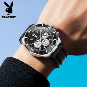 PLAYBOY นาฬิกา ผู้ชาย 100% ต้นฉบับ กันน้ำ โครโนกราฟ ปฏิทิน เรืองแสง ข้างขึ้นข้างแรม สายนาฬิกาแบบนุ่มสบาย กันเหงื่อ