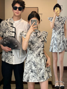New Chinese Style Couple Wear Classy One-Piece Dress Elegant Floral Chinese Style Improved Cheongsam Dress Womens Shirt