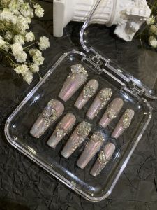 Luxurious Pure Pink Aurora Cat Eye Nail Strips Handmade Removable Glittering Zircon Diamond Wearable Nail Art Beauty Tools