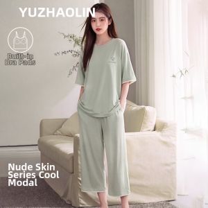 Yuzhaolin | Elegant Womens Cotton Sleeping Suit Large Size Short Sleeve Long Pants