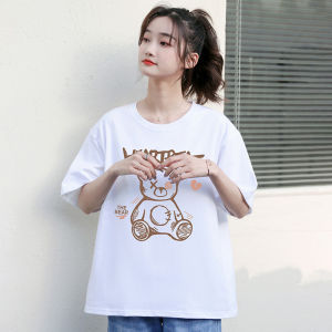 White Cotton T-Shirt Womens Loose Fit Summer Cartoon Print Short Sleeve round Neck Casual Top for Students And Office Ladies