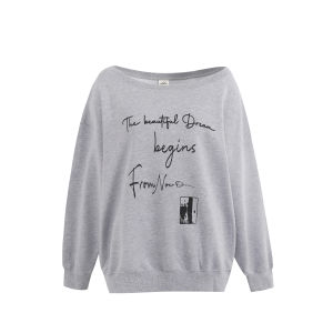 Archivum Comfortable Oversized Shoulder Slanting Sweatshirt Double Wear Womens Casual Vintage Slogan Lettering Autumn Top