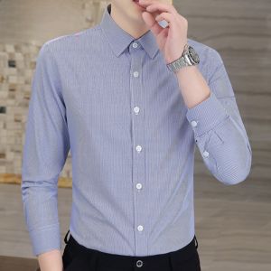 HENGYUANXIANG | Hengyuanxiang Mens Slim Stripe Shirt Casual Business Long Sleeve Spring Autumn Dark Button High-End Feeling Fashionable City Youth
