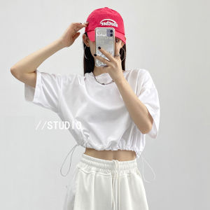 Korean Dance Practice Room Drawstring Short Sleeve T-Shirt Womens Summer High Waist Short Jazz Top Street Style Hip Hop