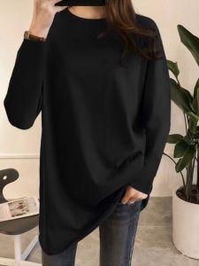 Loose Fit Long Sleeve Womens T-shirt Pure Cotton Butt Covering Base Shirt Korean Style Mid-Length Black T-shirt for Autumn