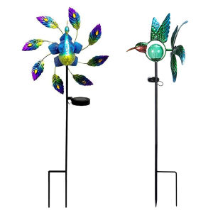 Solar Peacock Windmill Garden Light Colorful Iron Wind Spinners Ground Plug Light Lighting Ornaments Home Decor for Courtyard Garden