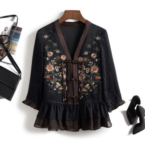 Elegant Silk Jacket Womens Embroidered Lotus Leaf Hemline Traditional Chinese Style Button up Top Thin Summer Outerwear