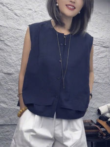 QINGNAER | Dark Blue Simple Casual Sleeveless Single Button Womens Garment