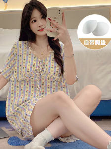 Cloud Cotton Sleepwear with Chest Pad Womens Summer Thin Short Sleeve Home Clothes Set Princess Style Sweet Lace Design