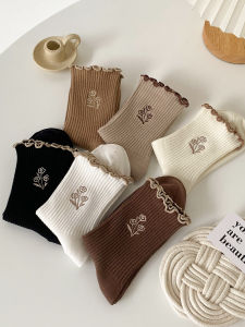 Kaki Brown Long Cotton Socks for Women Spring Autumn Pure Cotton Lace Edge Mid-Calf Winter Cute Japanese Style Pile Socks