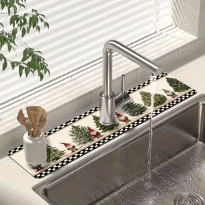 VIKAMA Sink Splash Guard Faucet Mat Cute Christmas Absorbent Fast Drying Mat Behind Faucet Drip Catcher Kitchen Bathroom Decor