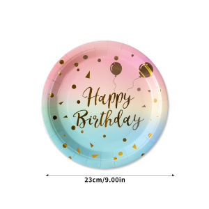 Bộ Đồ Dùng Dùng Một Lần Màu Cầu Vồng Pastel Với Họa Tiết Chúc Mừng Sinh Nhật Phủ Kim Tuyến Vàng Dành Cho Đồ Dùng Tiệc Tùng - Bộ Gồm Đĩa Giấy Cốc Khăn Ăn