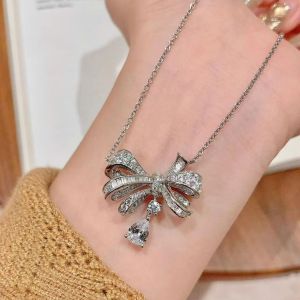 Vòng Cổ Nơ Kiểu Pháp Sang Trọng Dành Cho Nữ Với Mặt Dây Chuyền Bạc Sterling Cổ Điển Đính Đá Moissanite Tinh Tế Thích Hợp Cho Các Bữa Tiệc Lễ Kỷ Niệm.