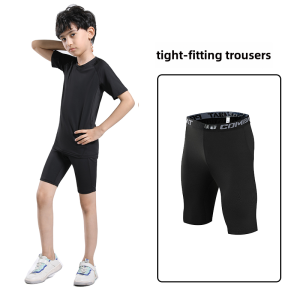 Childrens Sports Tight Shorts Quick Drying Breathable Mid-Waist Fitness Leggings for Running Basketball Football Suitable for Summer