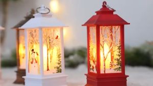 Christmas Flame Light Lantern With LED Night Lights Decorations Elk Snowman Santa Claus Hanging Wind Lamp