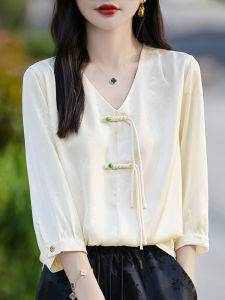 DONGYINUAN | Traditional Style V-Neck Flared Sleeve Loose Fit Floral Shirt