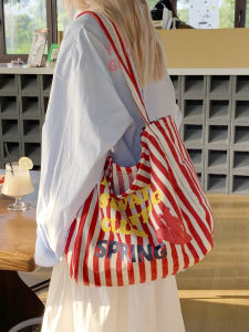 Summer Large Capacity Commuter Tote Bag Womens Casual Striped Canvas Handbag Single Shoulder Bag Korean Style Soft Nylon Strap