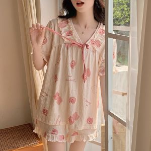 Pure Cotton Summer Sleepwear Womens Short Sleeve Home Clothes Outdoor Wearable Sweet Style Home Leisure Comfortable Short Pants