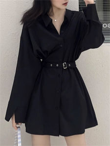 High Waist Long Sleeve Black Velvet Dress for Women Autumn Season V-Neck Shirt Dress with Single Row Multiple Buckle