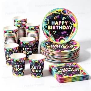 60Pcs Neon Lets Glow Birthday Party Disposable Paper 7inch Plates Cups Napkins Blacklight UV Glow Themed Tableware Decor Kit