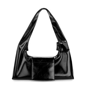 Detachable Bangs Commuter Small Underarm Single Shoulder Crossbody Bag Fashionable Black PU Leather Handbag for Women