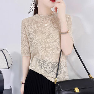 Lightweight Breathable Lace Jacquard Knitwear Summer New Arrival Casual Loose Slimming Bottoming Shirt Short Sleeve Pullover Tops