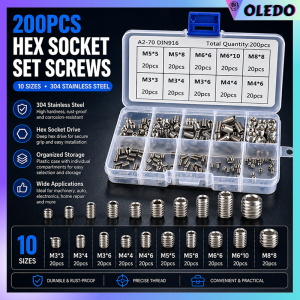 200pcs 304 Stainless Steel Set Screw M3 M4 M5 M6 M8 Allen Head Socket Hex Grub Screw Set Cup Point Assortment Kit Metric