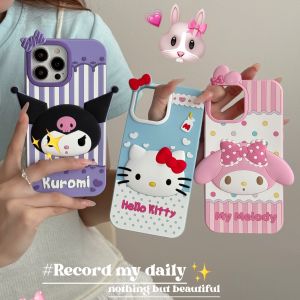 【New】Liquid Silicone Phone Case Cute Cartoon Bow Kuromi & Kitty & Melody Pattern  with Bracelet For iPhone 11 12 13 14 15 16 Series