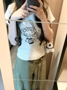 YUEZHONGWEI | American Style Cat Print Short Sleeve T-Shirt Women Summer New Fashion Slim Fit Short Length Round Neck Top Korean Style Commute Wind