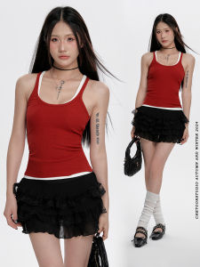 Red U-Neck Ribbed Strap Vest Women Summer Classic Versatile Base Layer Slimming Cool Short Top Spicy Girl Commute Style Slim Fit