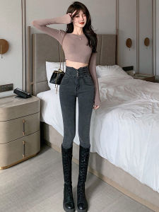 High-Waist Fleece-Lined Slim Fit Denim Jeans Womens Bootcut Stretchy Elastic Thickened Winter Deep Blue Pencil Pants