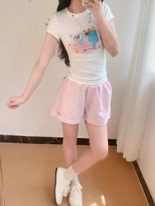 American High Street Vertical Stripes Drawstring Letter Embroidery Wide Leg Shorts Women Loose Summer Hot Pants Casual Three-quarter Length