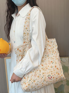 กระเป๋าผ้าใบคอตตอนคอร์ดูรอยขนาดใหญ่แบบสะพายไหล่ข้างเดียวสไตล์วินเทจดอกไม้สีสดสไตล์เกาหลีศิลปะกระเป๋าถือแบบลำลองสำหรับเดินทาง