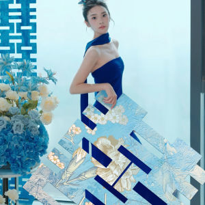 Blue Chinese Style Wedding Engagement Banner Photograph Background Curtain Decoration Package for Brides New Morning Robe