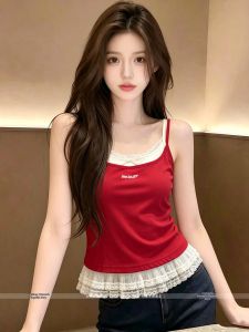 Red Lace Trim Illusion Layer Sleeveless Tank Top