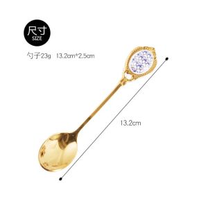 1 Pcs Stainless Steel Golden Coffee Milk Spoon Creative Stirring Spoon Elegent Ceramic Dessert Honey Spoons