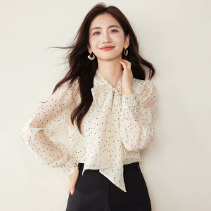 Lachapelle French Vintage Polka Dot Sash Shirt Womens Spring Autumn 2025 Fashion Butterfly Knot Chiffon Top