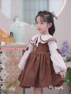 X Baby Dress Gaun Anak Perempuan Corduroy Renda-Neck Pita Polos Korean Style Elegant Usia 1-5 Tahun
