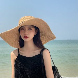 Summer Beach Sun Protection Straw Hat Womens Large Brim Flat Top Laffey Grass Hat Elegant Style Outing Cap Youthful