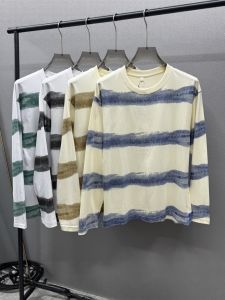 Mens Loose Comfortable Long Sleeve T-Shirt Pure Cotton Striped Casual Shoulder Drop Brand New Early Autumn Fashionable Clothing