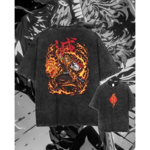 Bandai | Summer Mens Washes T-shirts Japanese Anime Demon Slayer Kyoujurou Graphic Clothing Harajuku Y2K Cotton Sportswear