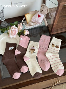 Pink Cotton Mid-Calf Socks for Women Sweet Cartoon Pattern Lace Trim Breathable Moisture Wicking Five Pairs per Pack