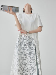 XIAODADEHUA | White Lace Hollow Out Patchwork Short Sleeve T-Shirt Dress